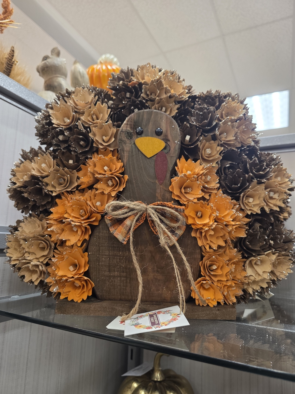 Rustic Wood Turkey Table Accent in Orange and Brown-NWT